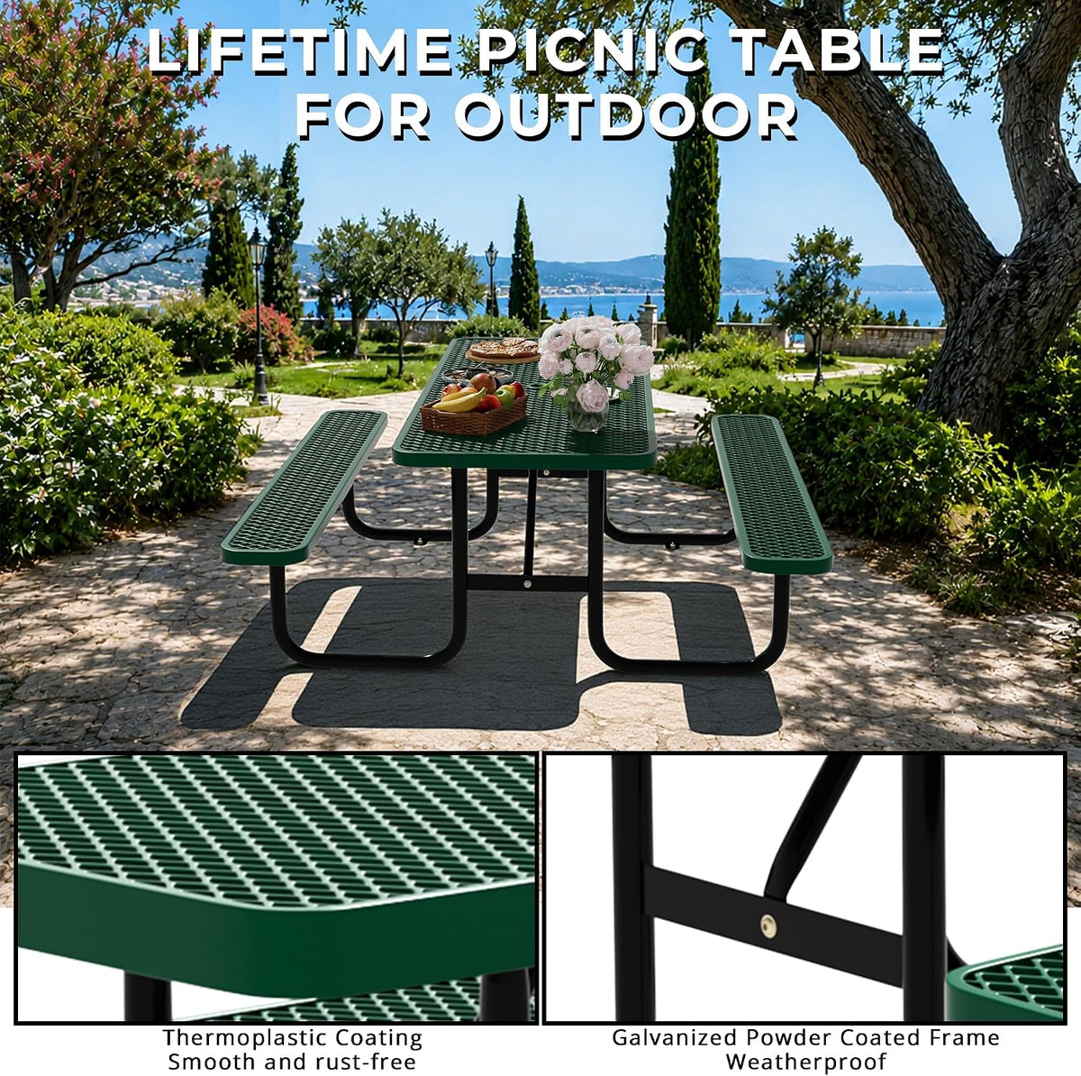 6FT Rectangular Steel Outdoor Picnic Table, Commercial Picnic Table Bench Set with Umbrella Hole, Weather-Resistant