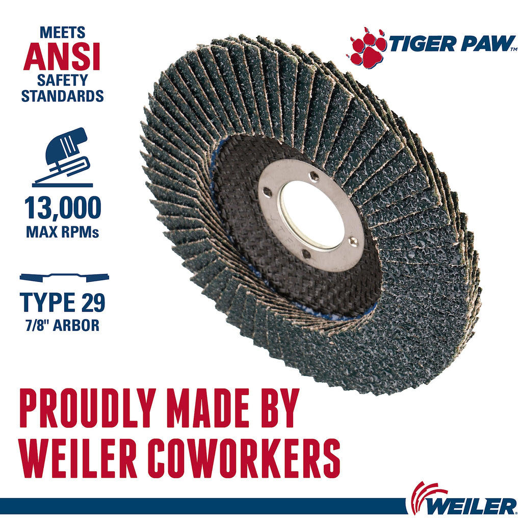 Weiler 51119 4-1/2" Tiger Paw Abrasive Flap Disc, Angled (Ty29), Phenolic Backing, 40Z, 7/8" Arbor Hole (Pack of 10)