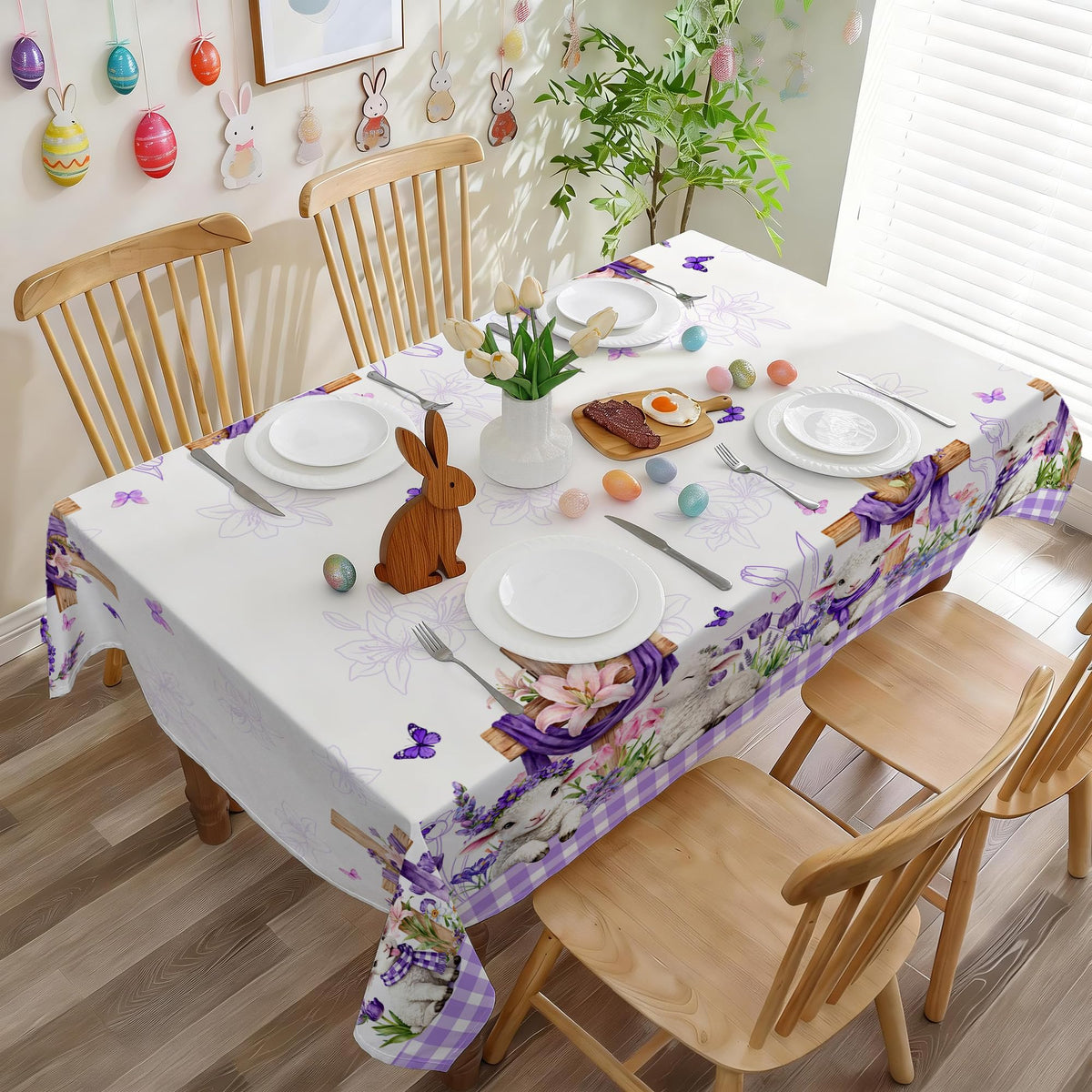 Easter Tablecloth 60x84 Inch Rectangle - Cross and Lamb Easter Decorations for The Home - Purple Plaid Floral Table