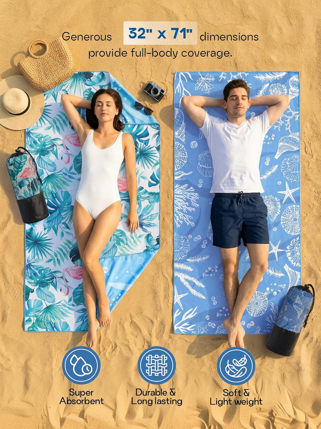 Thin Microfiber Beach Towel 2 Pack 32x71 Inch, Lightweight | Sand Free, Absorbent, Extra Large, Compact, With Travel