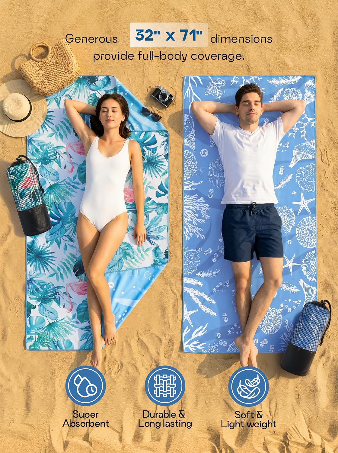 Thin Microfiber Beach Towel 2 Pack 32x71 Inch, Lightweight | Sand Free, Absorbent, Extra Large, Compact, With Travel