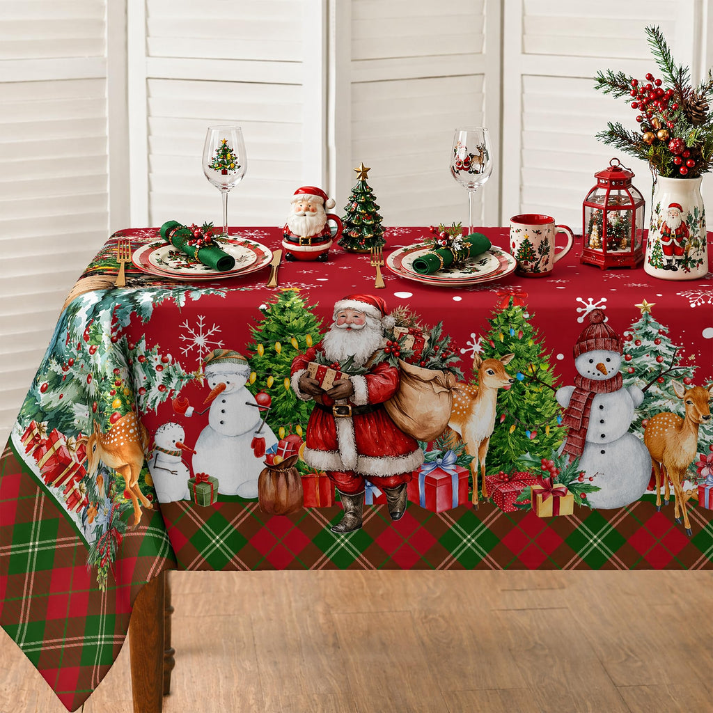 Christmas Tablecloth 60x84 Inch, Santa Claus & Snowman Water Resistant Rectangular Table Cover, Farmhouse Winter