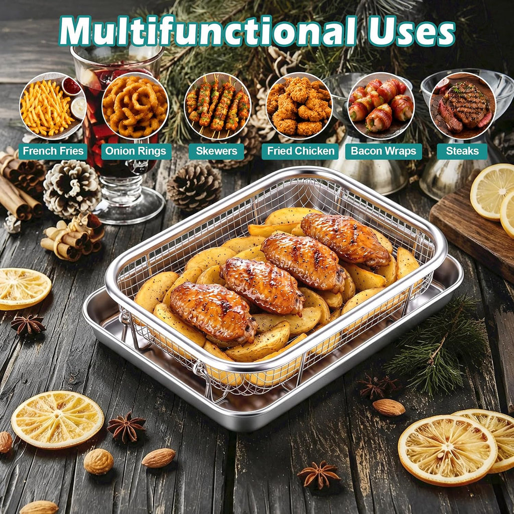 Air Fryer Basket for Oven, 9.3" x 7" Air Fryer Basket and Tray | Stainless Steel, with Grease-Catching Tray, Less Oil