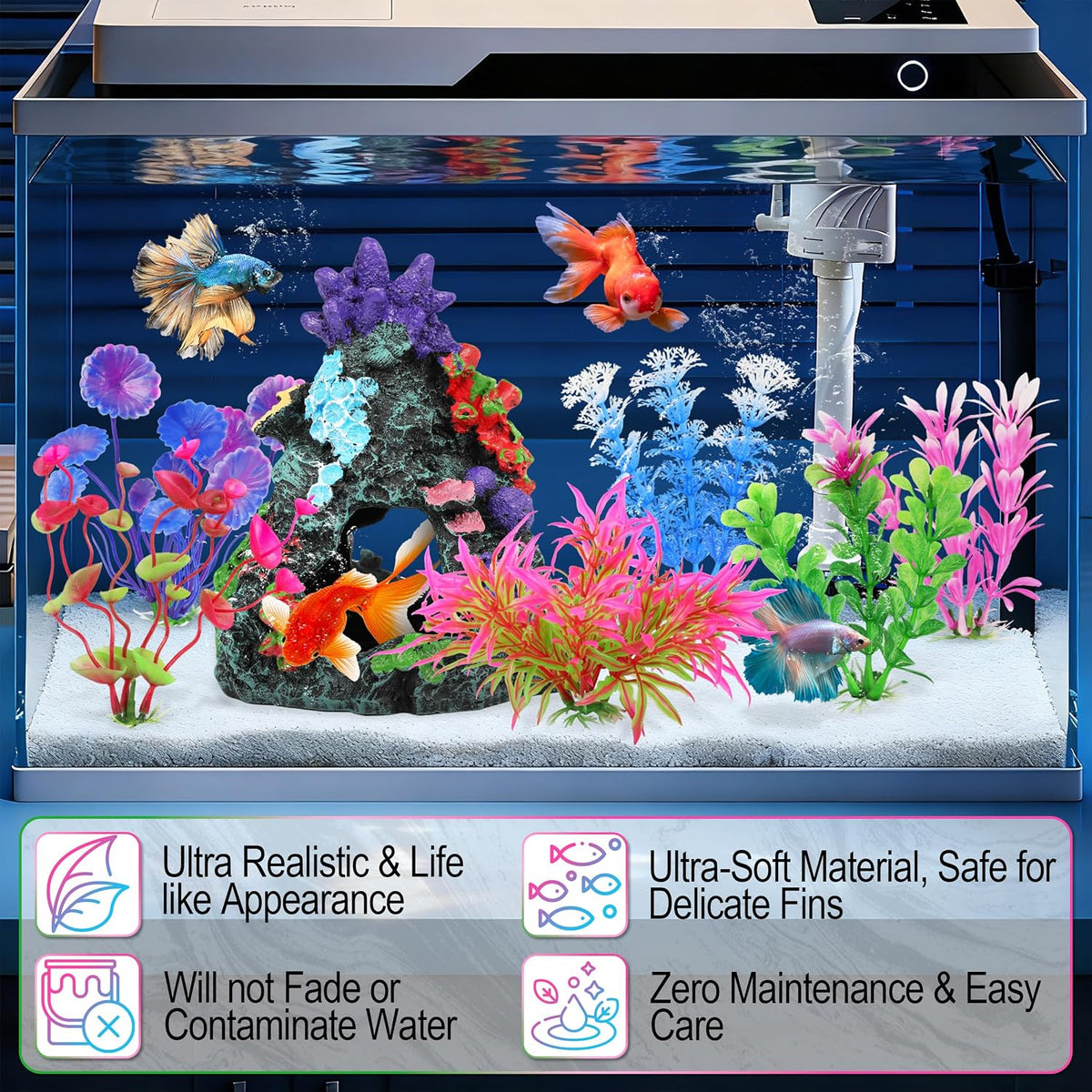 Fish Tank Plants, 7 Pieces Colorful Aquarium Plants and Coral Reef Set for Fish Tank Decoration, Mountain Cave