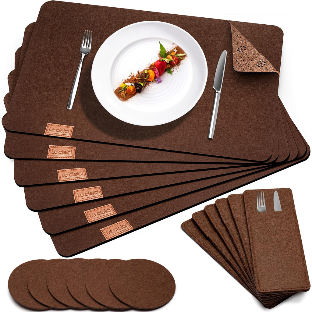 6 Placemats, 6 Coasters & 6 Cutlery Bags, Brown Felt Table Mats