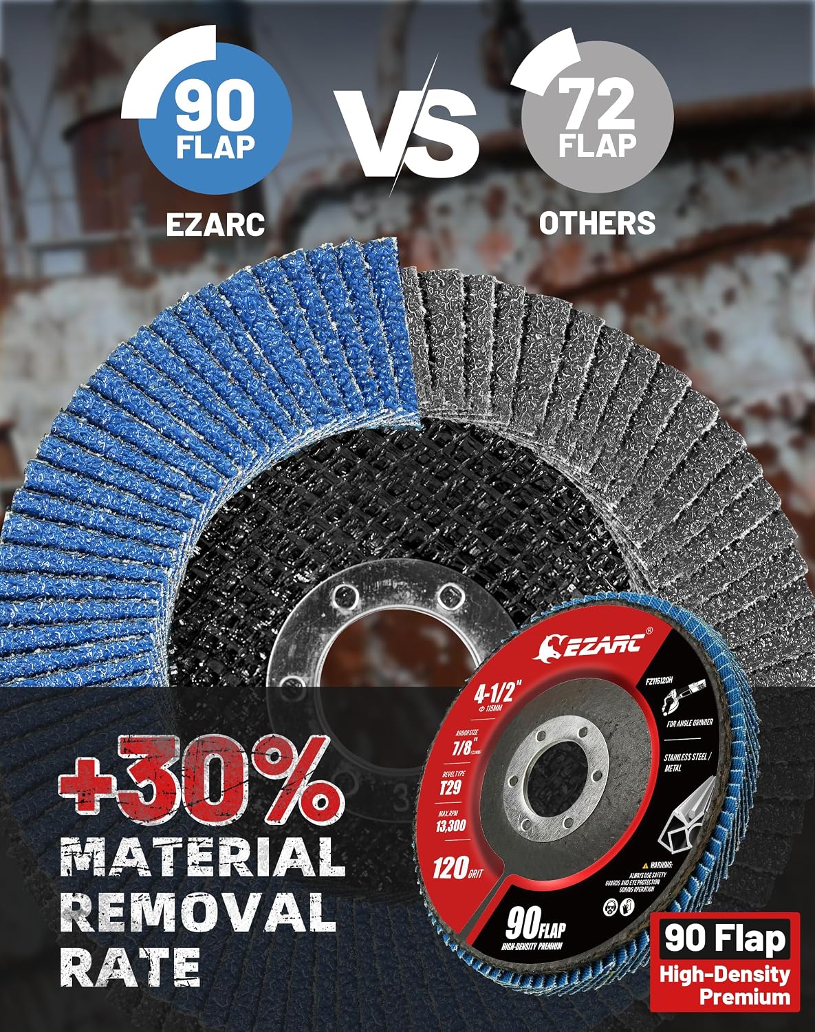 EZARC Zirconia Flap Discs 120 Grit High Density, 4.5x7/8", Type 29, 12-Pack
