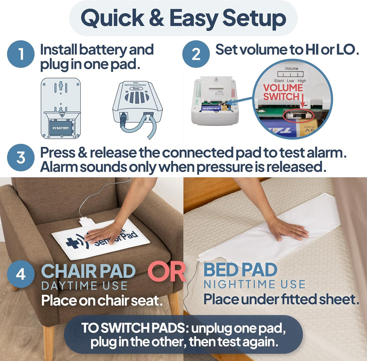 Smart Caregiver Bed and Chair Exit Alarm System for Fall/Wandering Prevention – Know When They get up! Includes