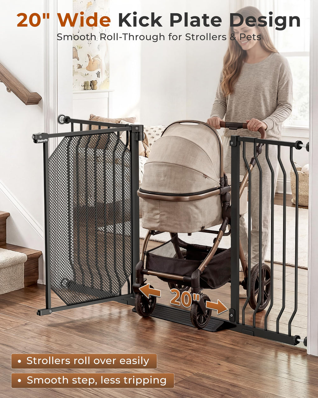 30-62.5" Extra-Wide Adjustable Hardware/Pressure-Mounted Pet & Child Safety Gate with Auto-Close Walk-Through Door for Stairs, Hallways & Wide Doorways — Black