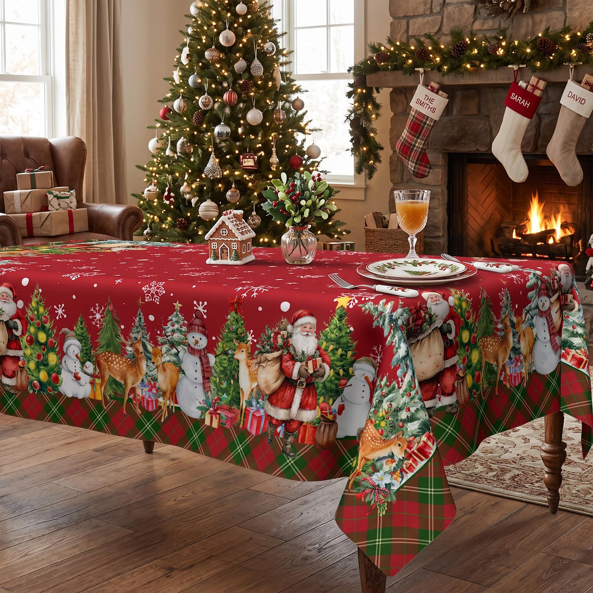 Christmas Tablecloth 60x84 Inch, Santa Claus & Snowman Water Resistant Rectangular Table Cover, Farmhouse Winter