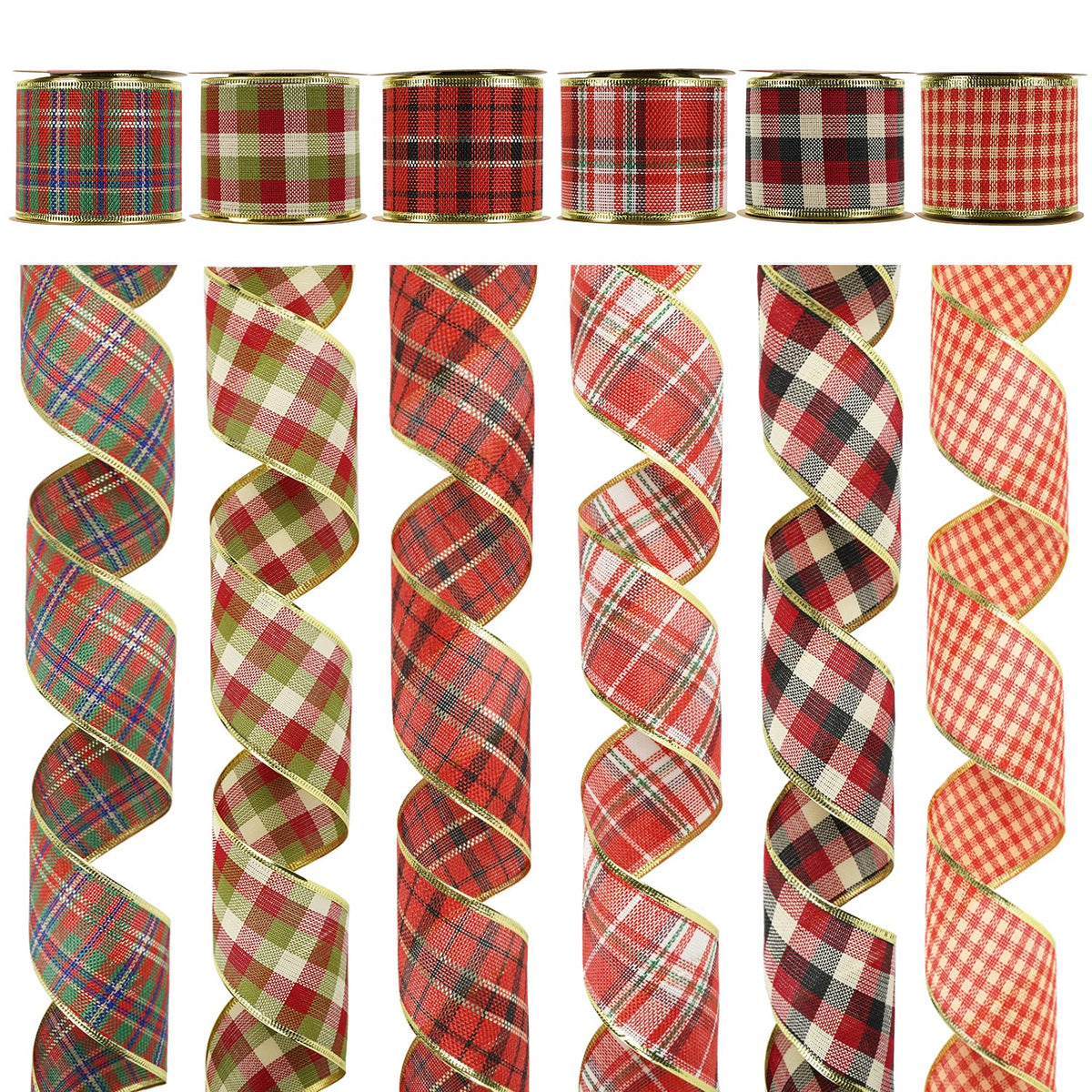 Buffalo Plaid Wired Christmas Ribbon 2.5 Inch, 6 Rolls 36 Yards, Plaid Ribbon for Trees, Wreath Bows, Garlands