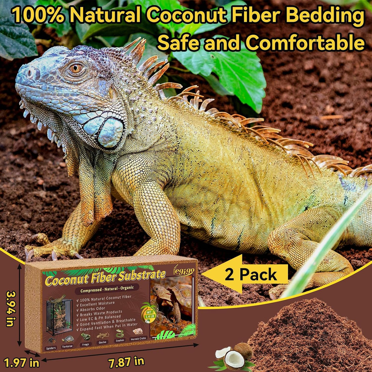 2 Pack Coconut Fiber Substrate, Natural Coco Coir Reptile Bedding