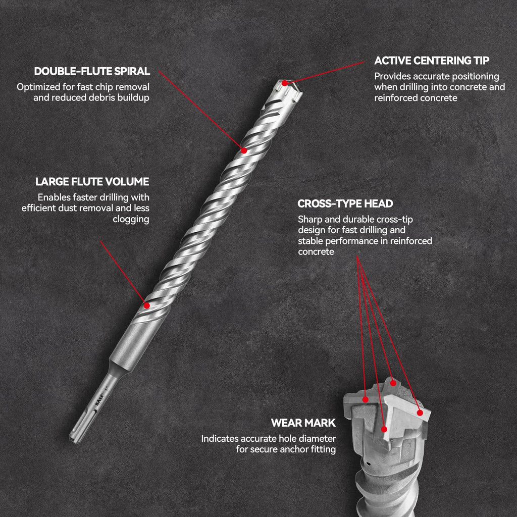 SALI SDS Plus Rotary Hammer Drill Bit 4Pcs 1"*12" Concrete Drill Bit Kit Cross-Type Double Thread Carbide Material Suitable for Concrete, Brick, Cement Walls, Stone, Hammer Drill Bits for Concrete