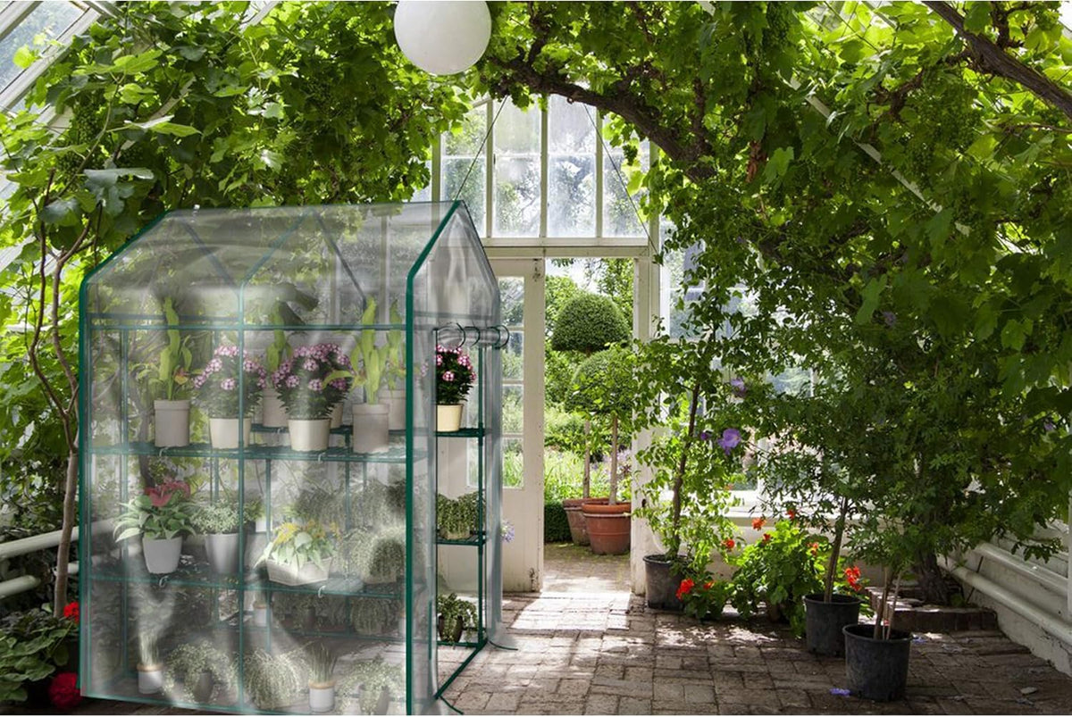 Greenhouse - Walk in Greenhouse with 8 Sturdy Shelves and PVC Cover for Indoor or Outdoor Use - 56 x 56 x 76-Inch