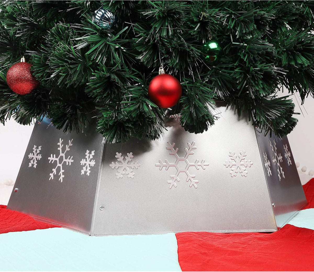 Metal Christmas Tree Ring, Christmas Tree Collar with Printed Snowflake, Willow Tree Skirt Base Stand for Christmas