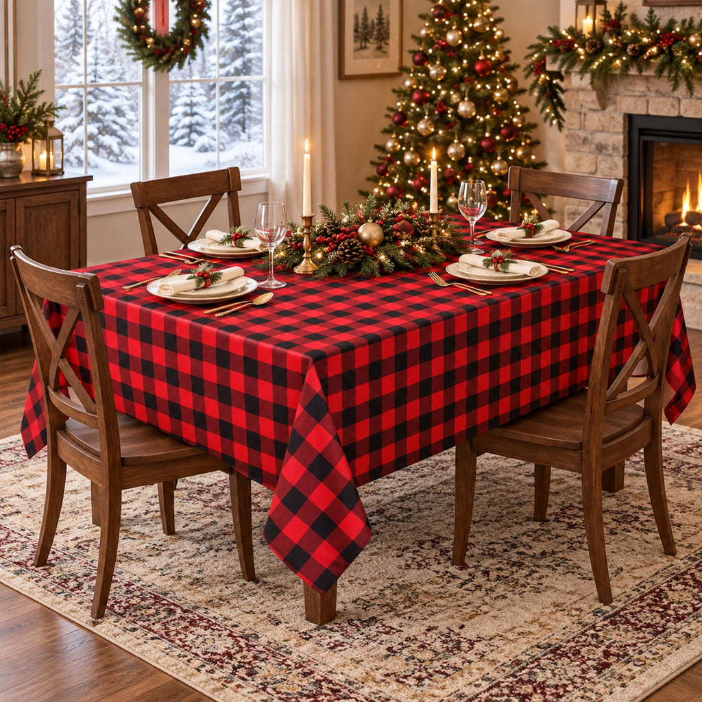 Waterproof Christmas Plaid Tablecloth Fabric - Red Oblong 52x70 Inch Classic Buffalo Tartan Festive Table Cloth for