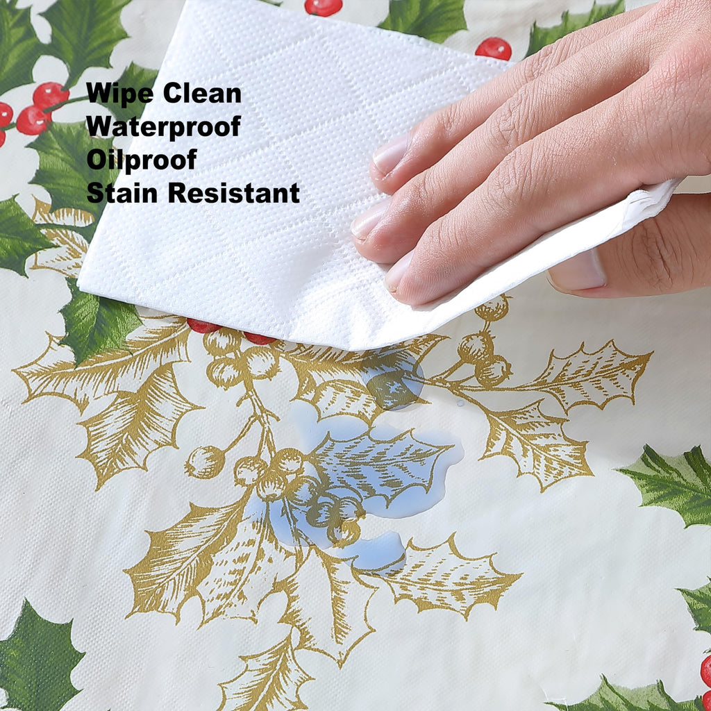 Christmas Ivory Golden Holly 60x84” Rectangle Vinyl Tablecloth