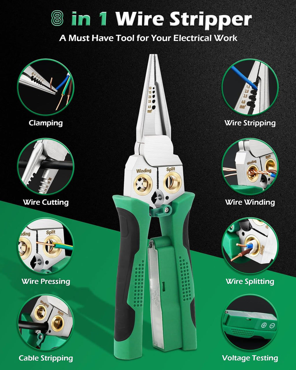 8-in-1 Wire Stripper with NCV Voltage Tester (Green), Professional Electrical Tool for Hot/Neutral Wire Detection