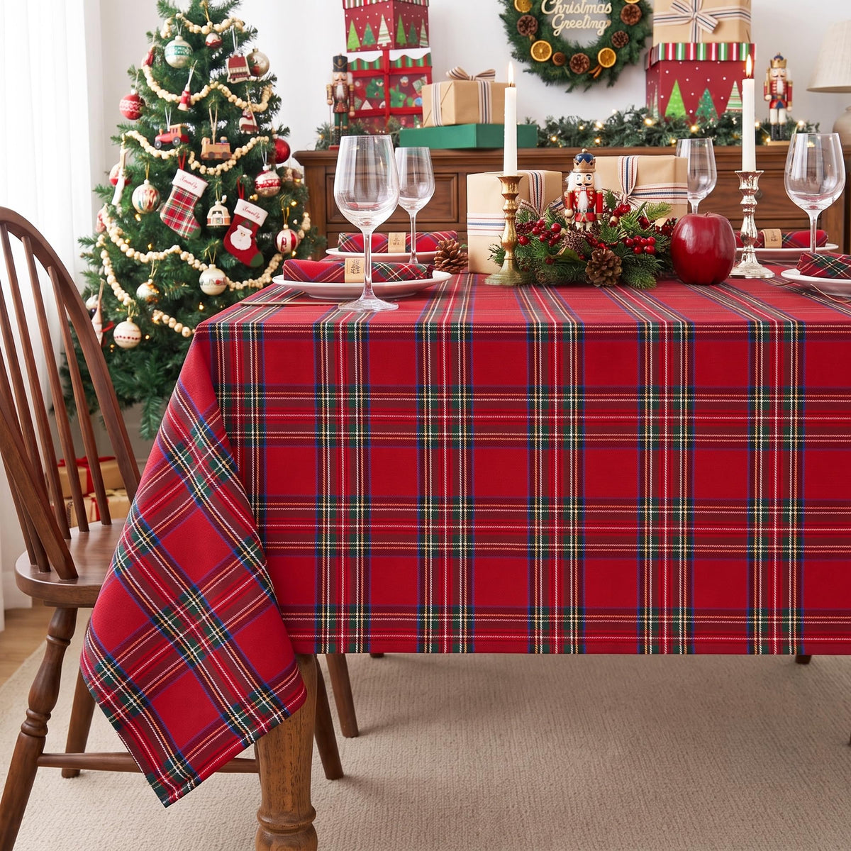 Red Christmas Tablecloth Rectangular, Tartan Plaid, 60x84 Inch