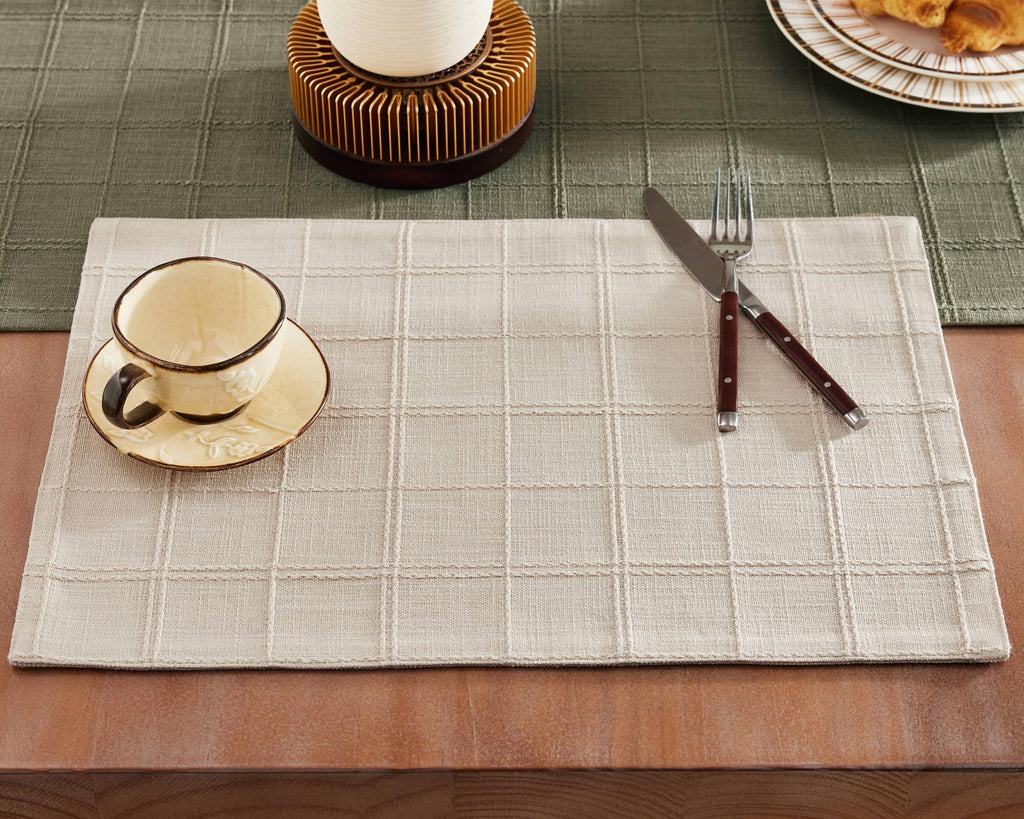 Linen Checked Farmhouse Placemats Set of 6, Neutral Beige 13x19in