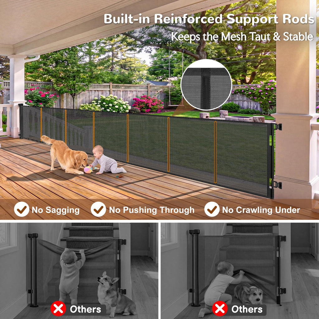 200" x 37" Tall Extra-Wide Retractable Indoor Mesh Pet & Child Safety Gate with One-Hand Safety Lock for Wide Openings, Patios & Stairways