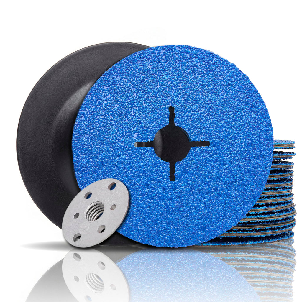 Zirconia Resin Fiber Sanding and Grinding Discs for Angle Grinder, 4-1/2” x 7/8”, 36 Grit, 25-Pack + Backing Pad + Lock Nut
