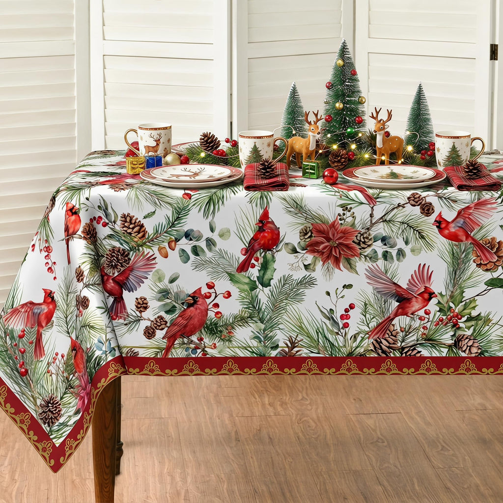 Christmas Tablecloth 60x84 Inch, Red Cardinal & Holly Berry Water Resistant Rectangular Table Cover, Rustic Winter
