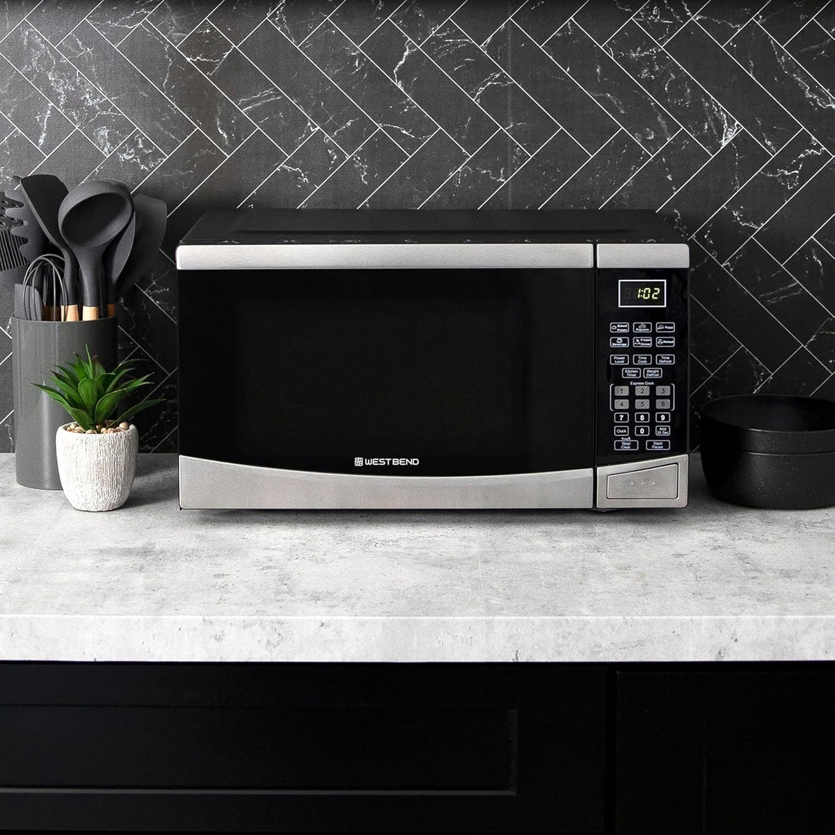 Microwave Oven, 900W, 0.9 cu. ft., in Stainless Steel | West Bend Microwave Oven, 900W, 10 Power Levels, One-Touch