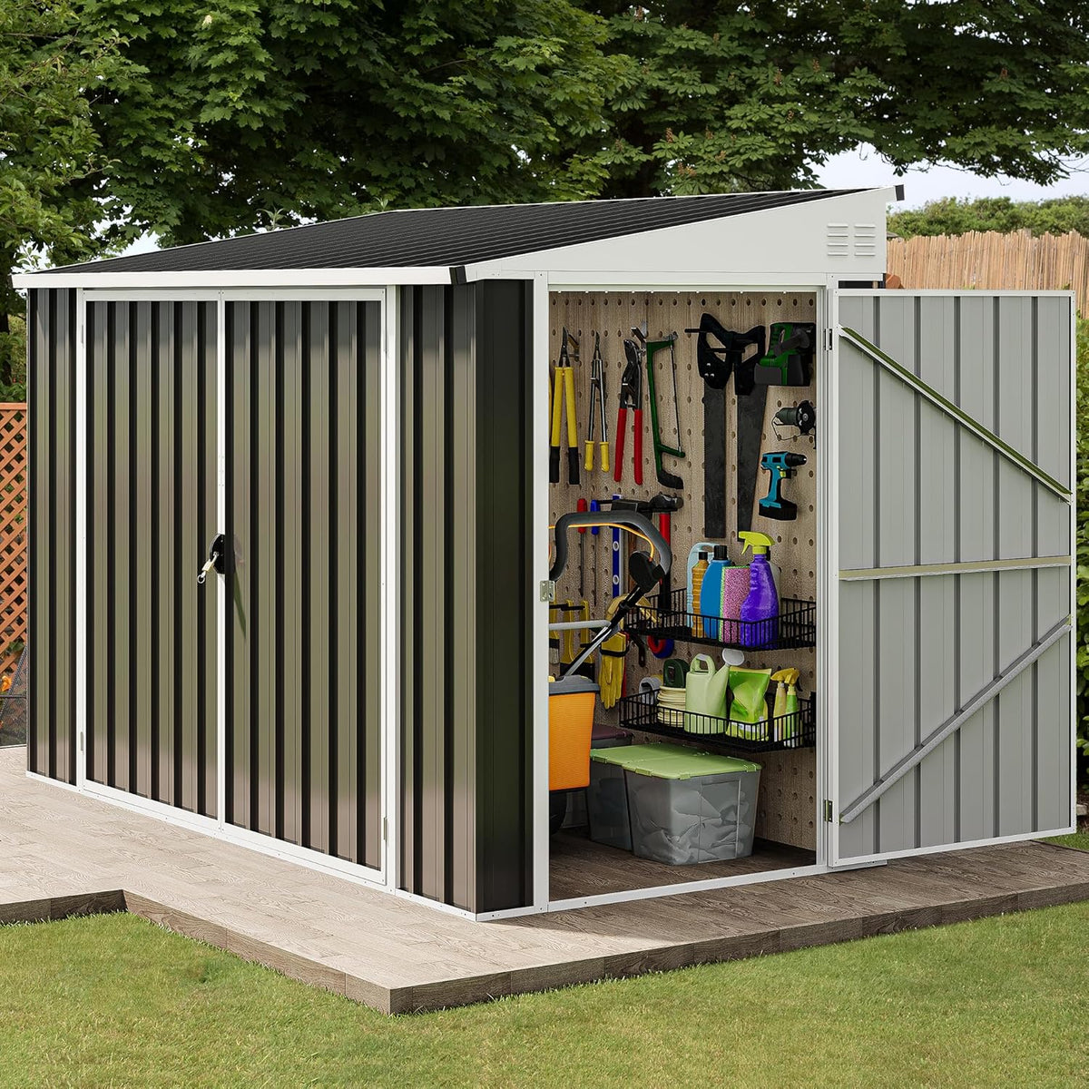 7x4 FT Outdoor Weatherproof Storage Shed, Secure Metal Bike Shed w/Lockable Entry, Garden Storage Solution for Lawn