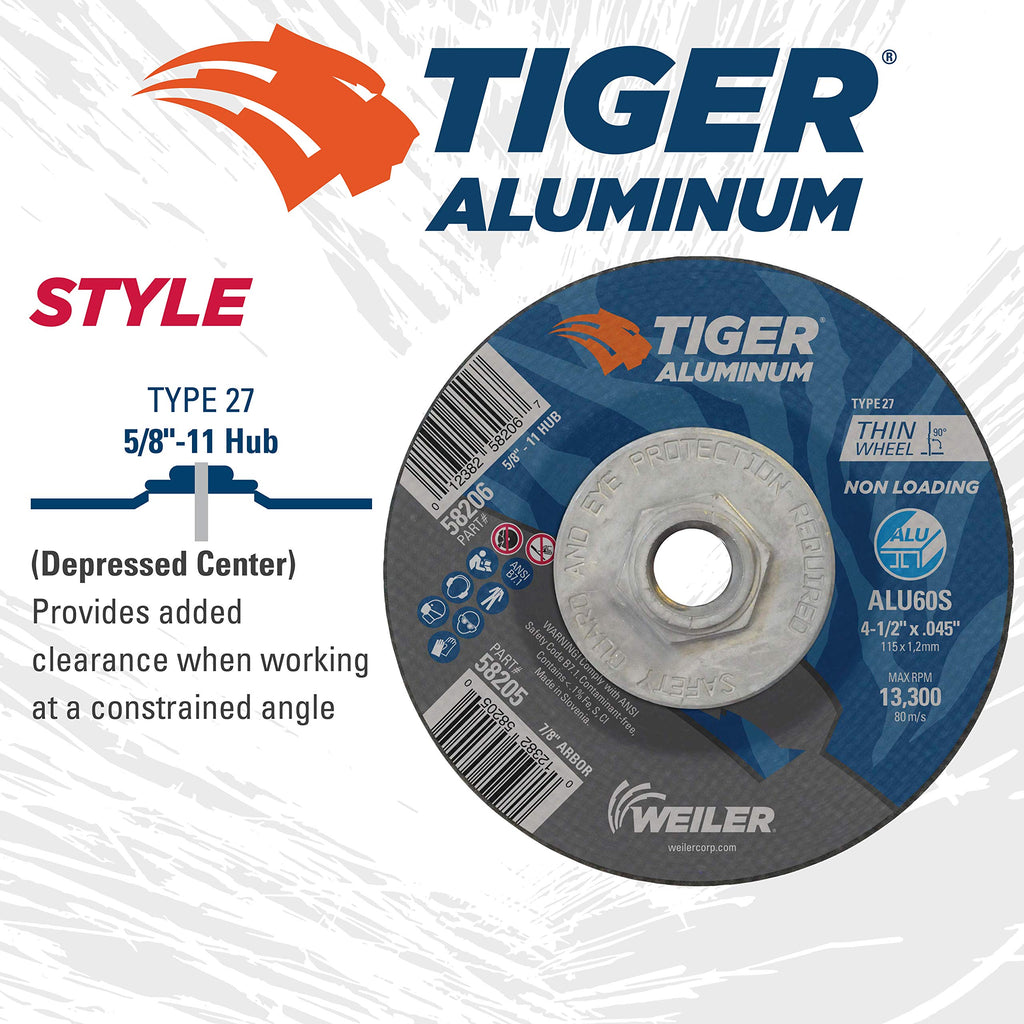 Weiler 58206 4-1/2 Inch Cutting Wheel, Tiger Aluminum Non-Loading Contaminant-Free High Performance Cutting, .045" ALU60S Type 27 5/8"-11 Hub, Pack of 10