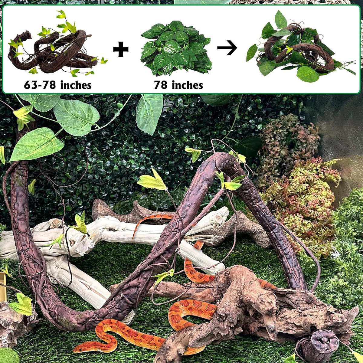 Extra Large Reptile Vines Thick Terrarium Plants 78 Inches Long Flexible Climbing Branch with Leaves Snake Tank