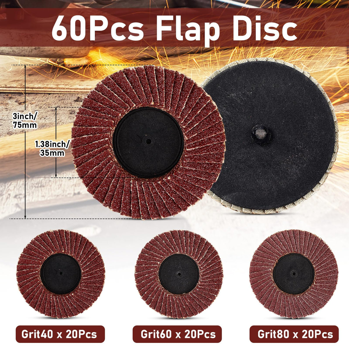 Duraaamo 60 Pack 3 Inch Flap Disc, 40/60/80 Grit Assorted Sanding Discs