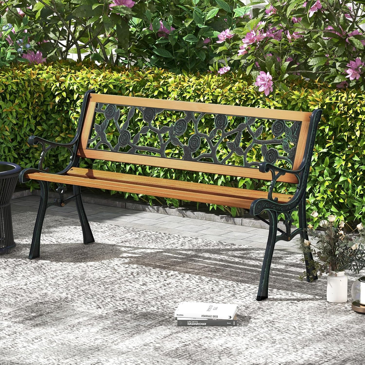 Outdoor Garden Bench Park Bench, Patio Iron Bench Chair with Cast Iron & Hardwood Structure, Weather Proof Porch
