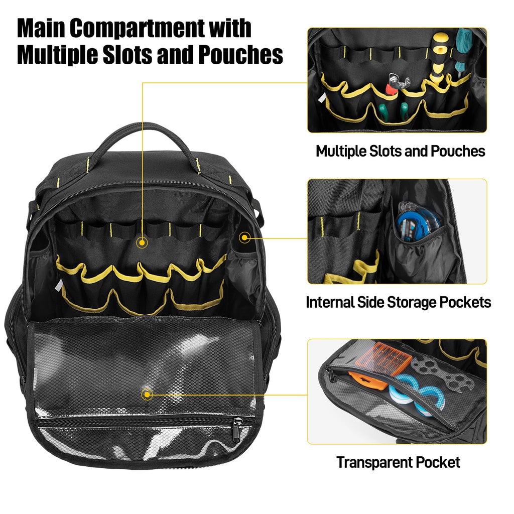 Heavy-Duty Tool Bag Backpack for Men with 3 Tool Pouches, Black