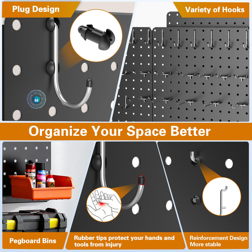 Peg Board, 4 Pack Black PegBoard Panels with 106 Accessories