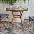 Indoor/Outdoor Commercial Bistro 31.5" Table, Navy and White PE Rattan, Glass Top, Bamboo Print Aluminum Frame in