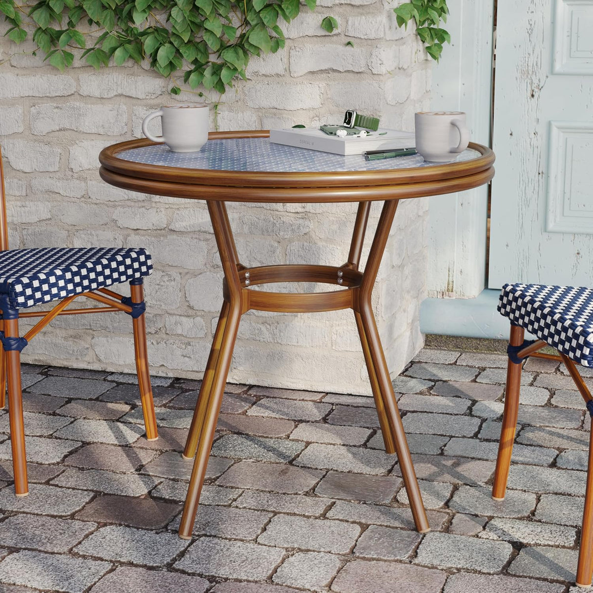 Indoor/Outdoor Commercial Bistro 31.5" Table, Navy and White PE Rattan, Glass Top, Bamboo Print Aluminum Frame in