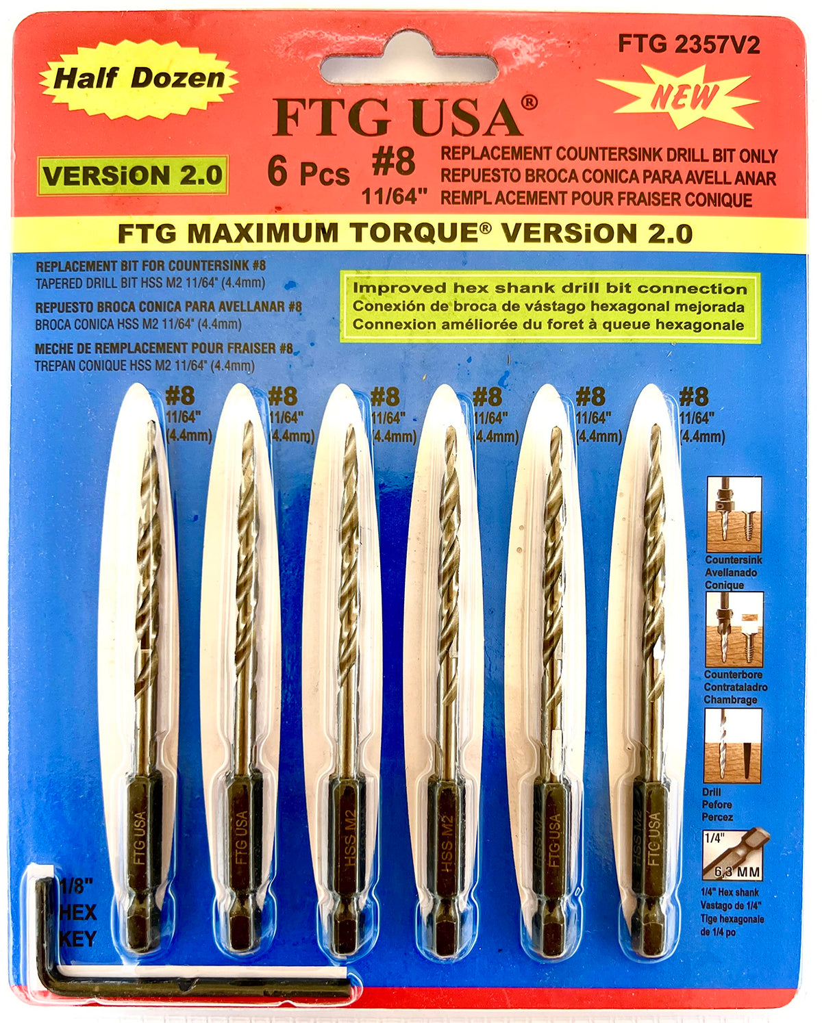FTG USA 6Pc #8 (11/64") Replacement Countersink Drill Bit Set Tapered Bits