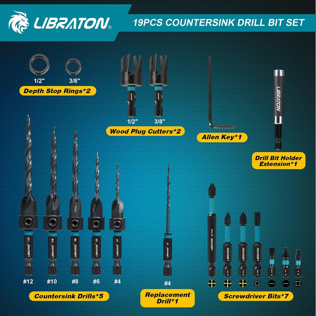 LIBRATON Countersink Drill Bit Set, 19PCS Tapered Wood Drill Bit Set