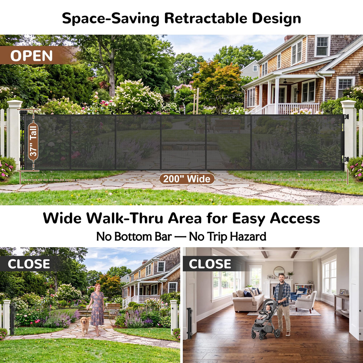 200" x 37" Tall Extra-Wide Retractable Indoor Mesh Pet & Child Safety Gate with One-Hand Safety Lock for Wide Openings, Patios & Stairways
