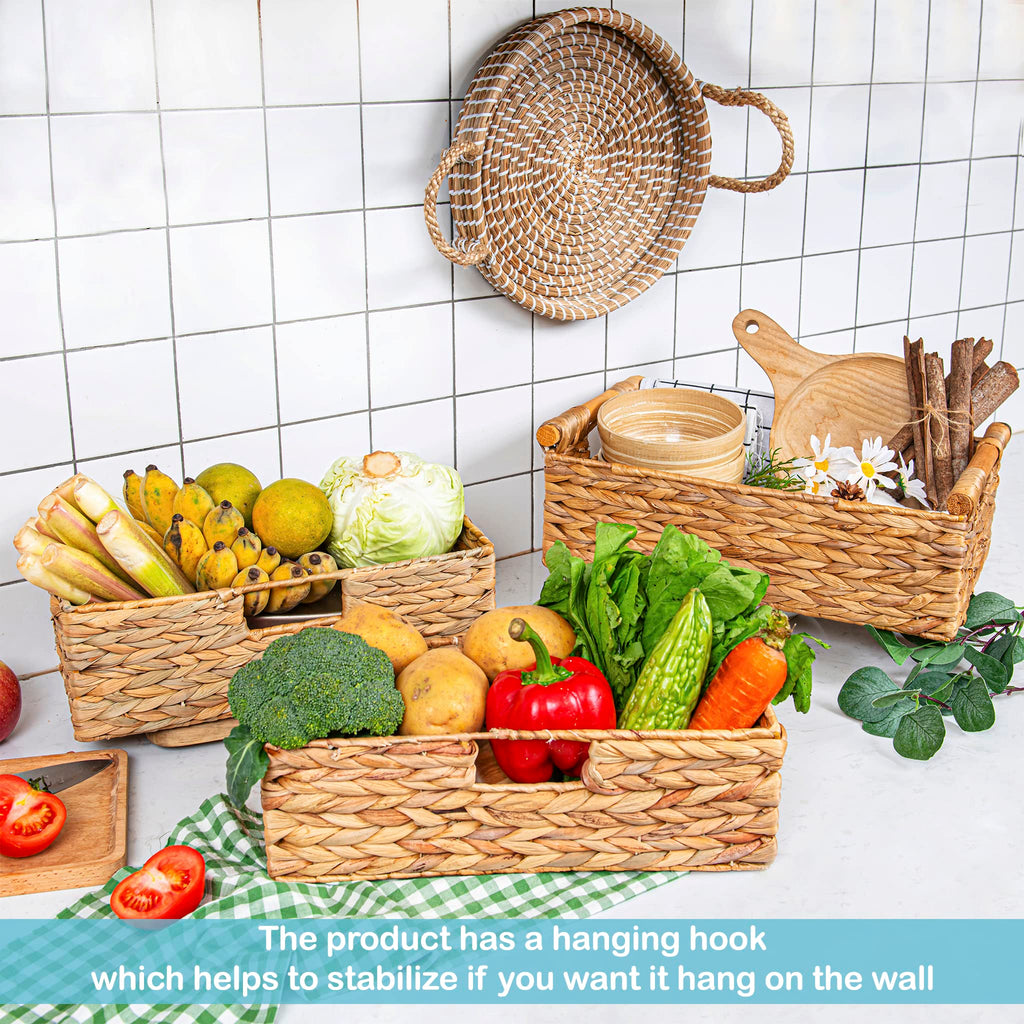 Large Water Hyacinth Storage Baskets for Organizing with Wooden Handles for Shelves, 2 Bathroom Small Basket, Water
