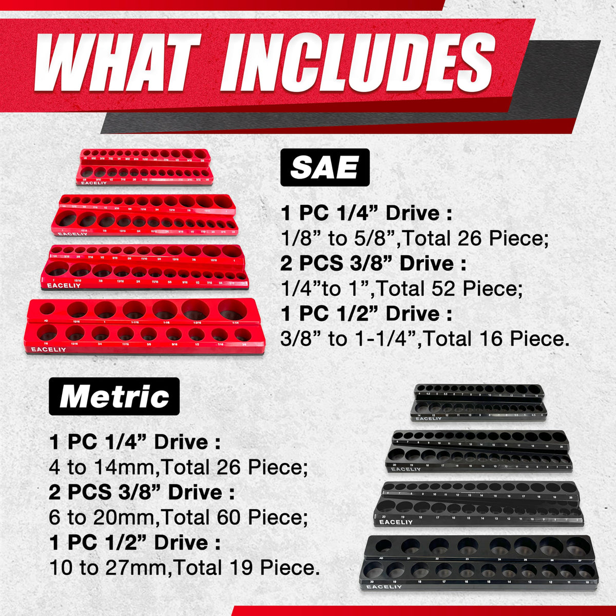 Magnetic Socket Organizer Set, 1/2", 1/4" and 3/8" SAE & Metric Deep & Shallow Tools Tray Holder Kit, holds 199pcs