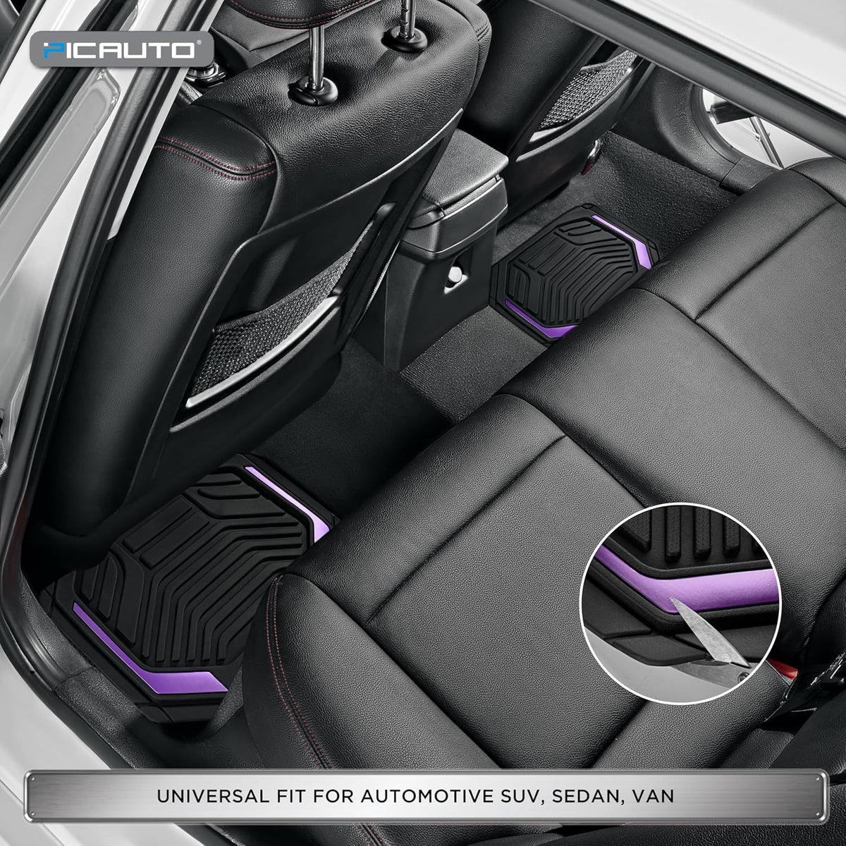 Heavy Duty Rubber Floor Mats, Purple Aluminum Film Car Mats Set, Front and Rear Car Mats with Anti-Slip Backing, All