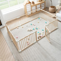 86" x58" Modular Foldable Baby Playpen & Safety Activity Yard with Locking Walk-Through Gate for Infants & Toddlers — Natural Wood
