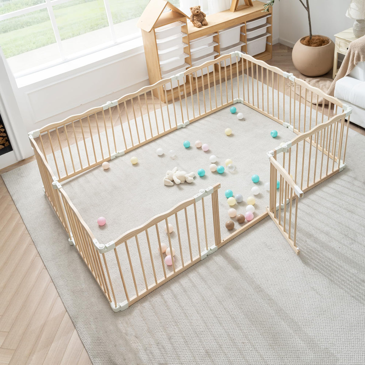 86" x58" Modular Foldable Baby Playpen & Safety Activity Yard with Locking Walk-Through Gate for Infants & Toddlers — Natural Wood