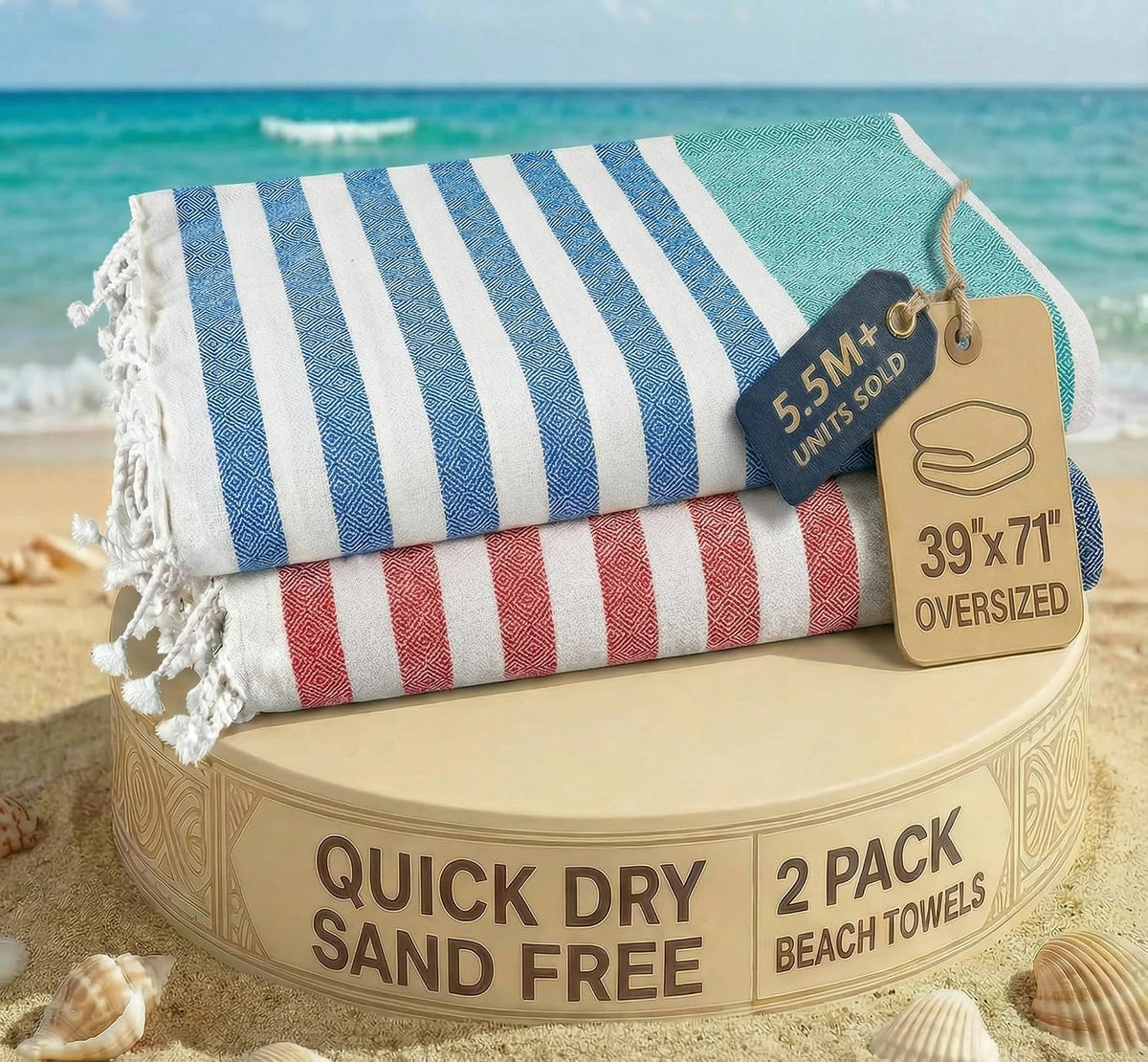 Beach Towels for Women, Super Absorbent, XL - Old Glory Teal | 2 Pack Large Beach Towels Oversized - Pre-Washed, Sand