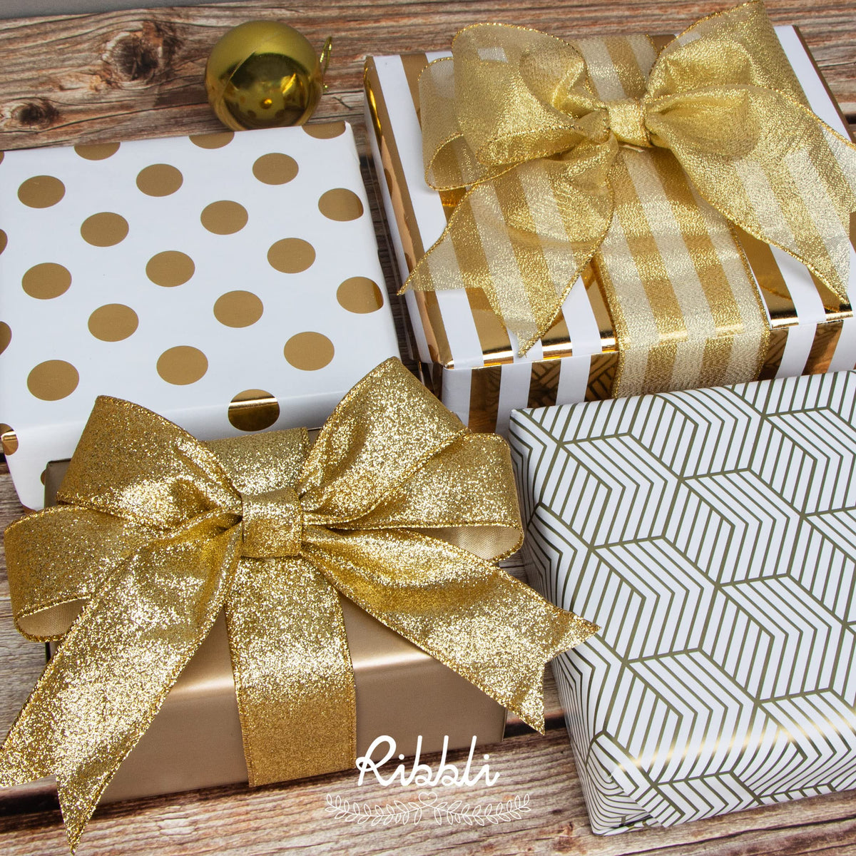 Gold Glitter Wired Ribbon,Gold with Metallic Edge,Christmas Ribbon for Wreath, Christmas Tree Decoration, Gift