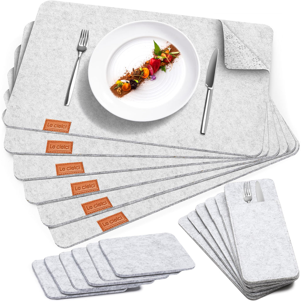 6 Placemats, 6 Coasters & 6 Cutlery Bags, Light Gray Felt Table Mats
