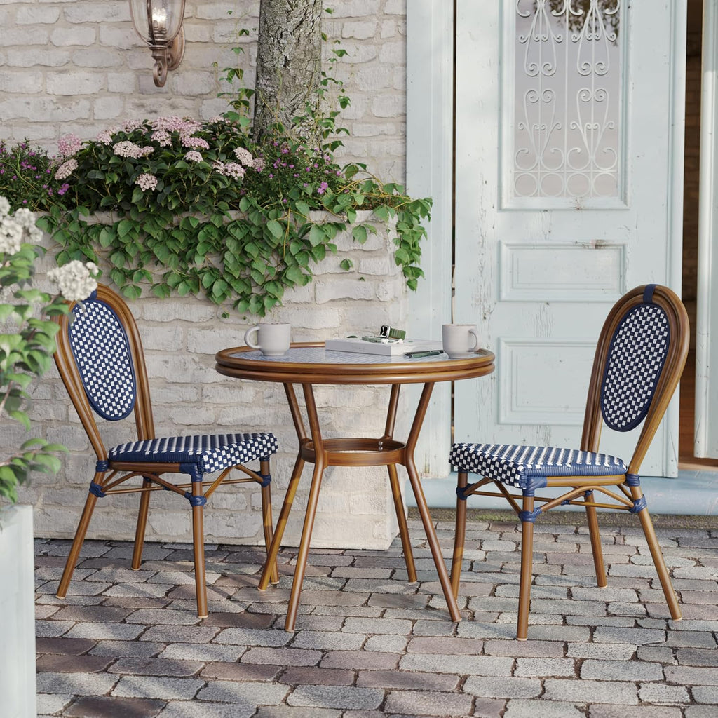 Indoor/Outdoor Commercial Bistro 31.5" Table, Navy and White PE Rattan, Glass Top, Bamboo Print Aluminum Frame in
