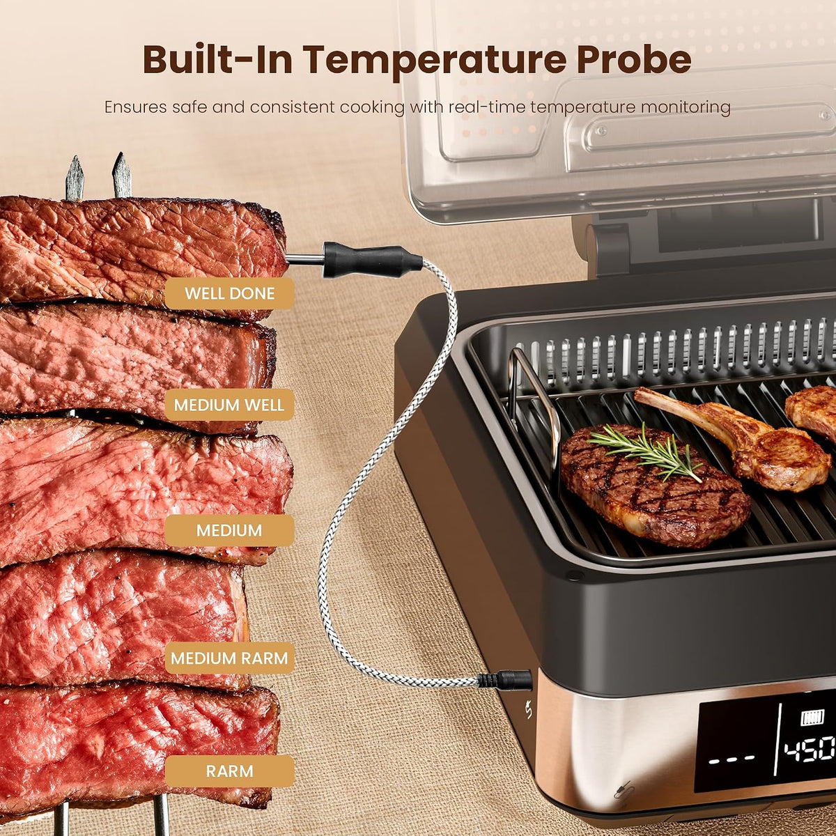 2-in-1 Smokeless Electric Grill,Digital Display,Meat Probe,Nonstick | Indoor Grill and Griddle Combo,Dishwasher