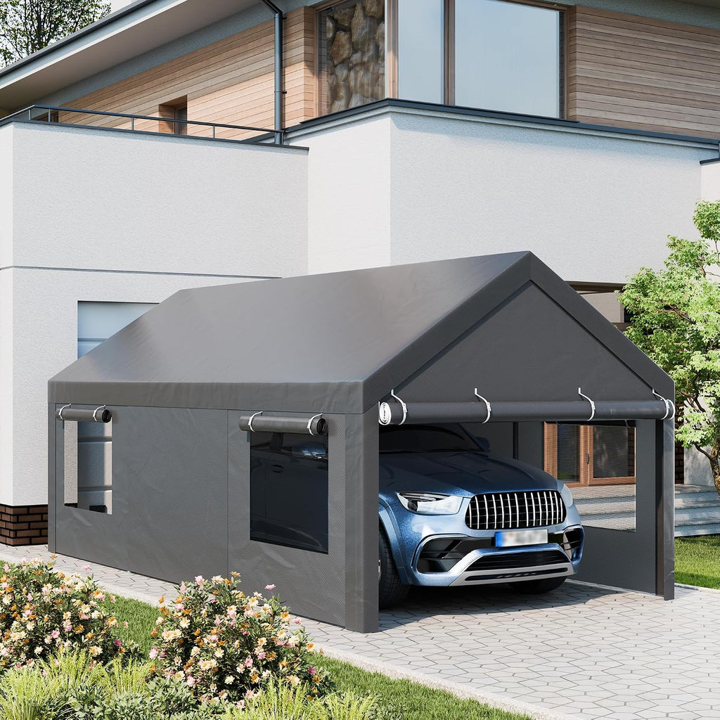 12x20 ft Carport, Heavy Duty Carport with Roll-up Windows, Portable Garage with Removable Sidewalls & Doors, Car